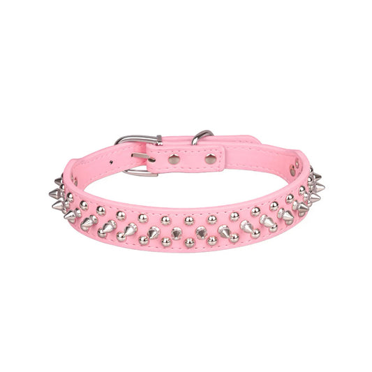 Adjustable Wide Spikes Nail Dog Collar In Pink