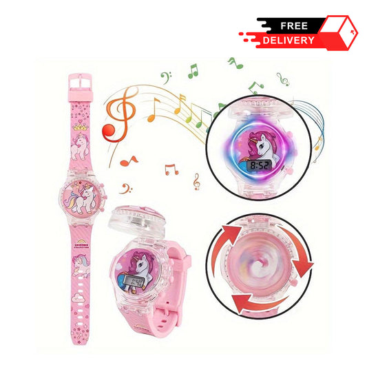 Unicorn Girls Revolve Flip Lights & Music Wristwatch