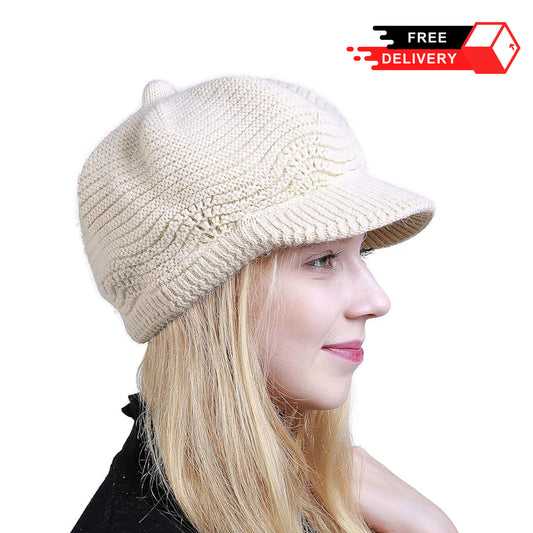 Women's Winter Warm Slouchy Cable Knit Beanie with Visor