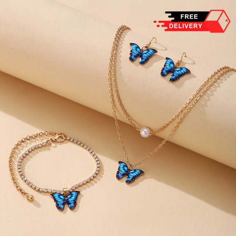 Fashion Jewelry Gift Set Butterfly Pendant Necklace, Pair of Earrings and Bracelet