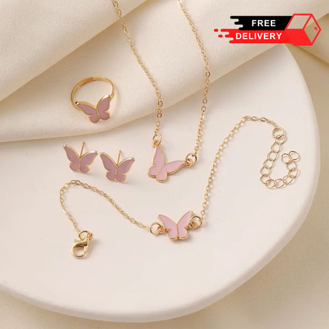Fashion Jewelry Gift Set Butterfly Pendant, Clavicle Chain, Pair of Earrings, Ring and Bracelet