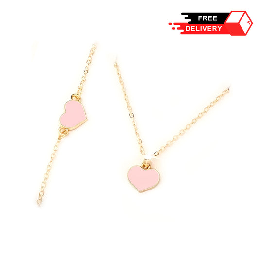 Fashion Jewelry Gift Set Pink Heart Gold Elegant Necklace & Bracelet