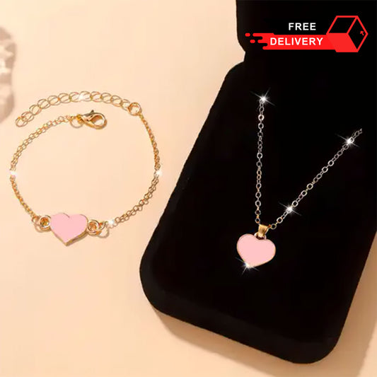 Fashion Jewelry Gift Set Pink Heart Gold Elegant Necklace & Bracelet