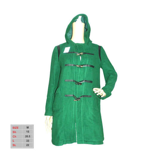 Female Woven Long Length Green Hoody Coat