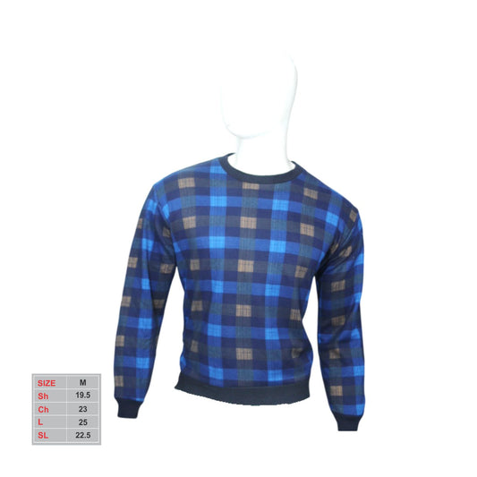 Men Fleece Wool Blue and Brown Plaid Crew Neck Sweatshirt