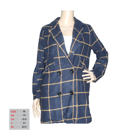 Female Fleece Medium Length Checkered Royal Blue Coat