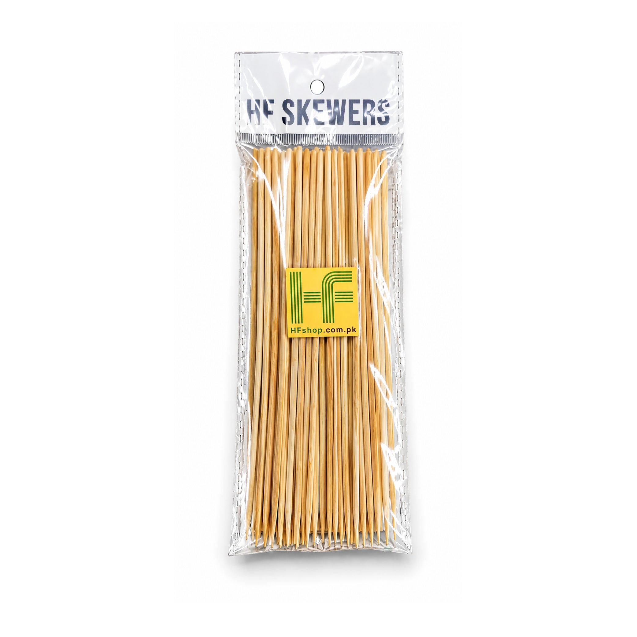 A clear plastic bag of HF Skewers with a white header card and a yellow logo sticker, showing numerous light tan wooden skewers inside, set against a plain white background.